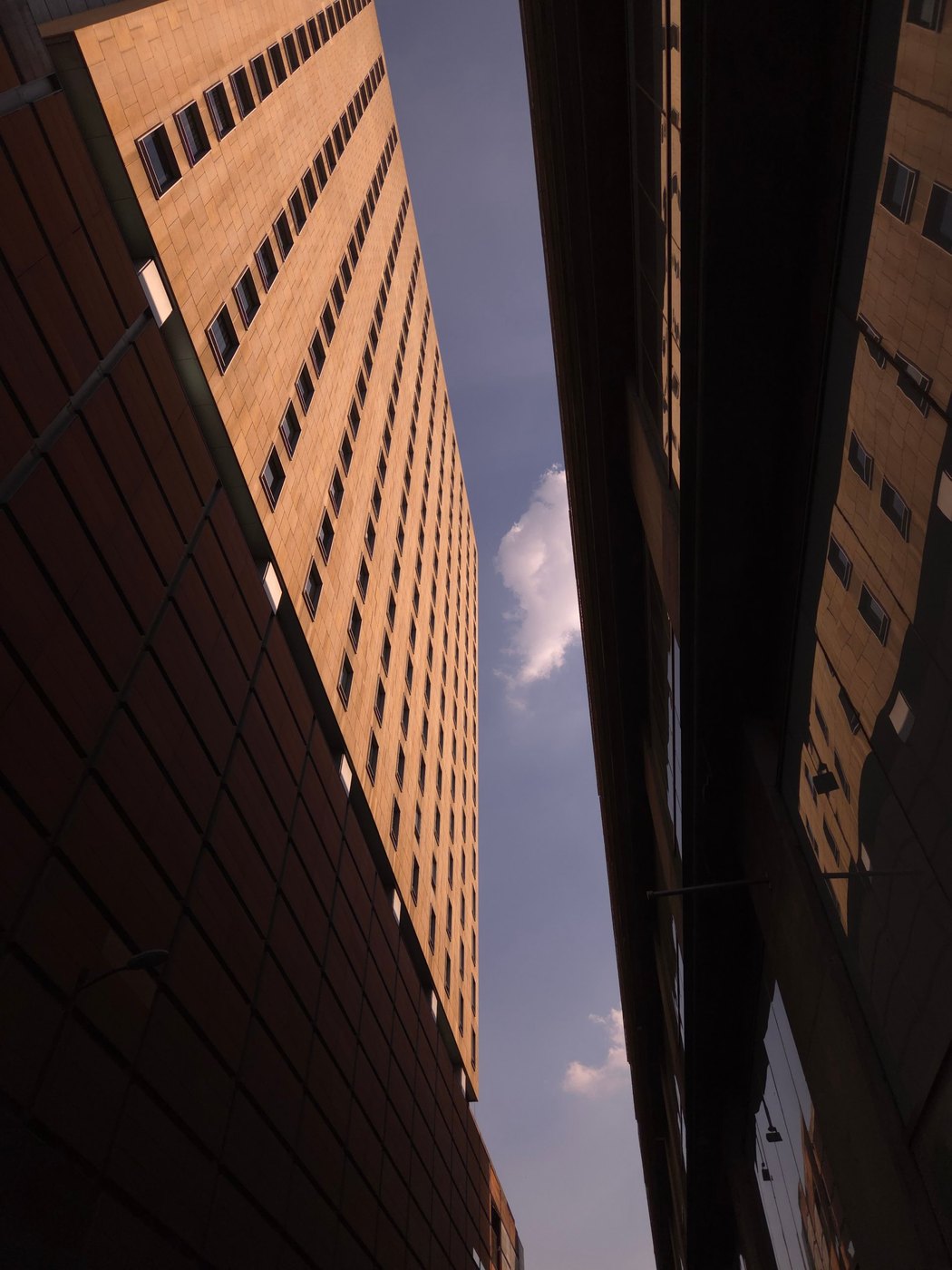 Looking up between two buildings, a cloud in the gap