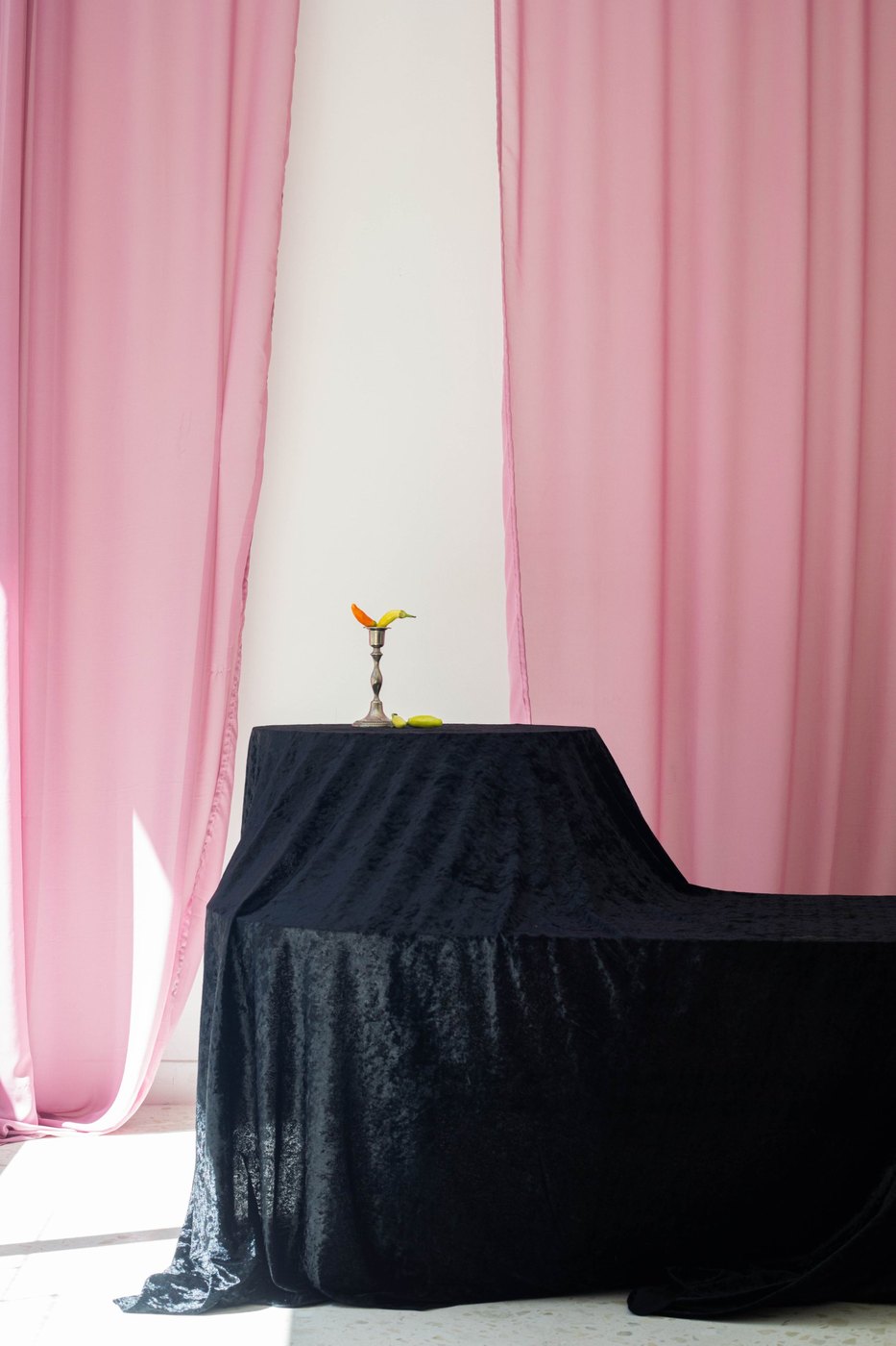 Still life on black velvet between pink curtains