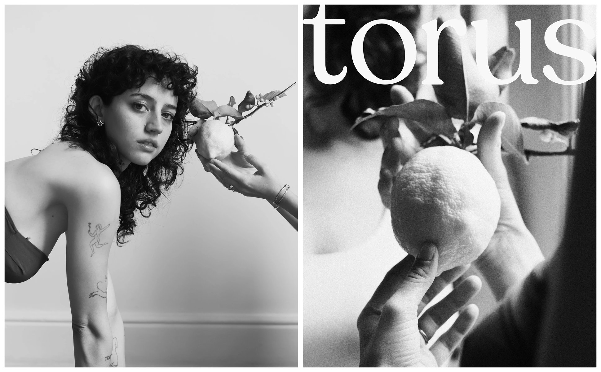 Spread: model with a lemon branch, and hands holding a lemon under the Torus logo