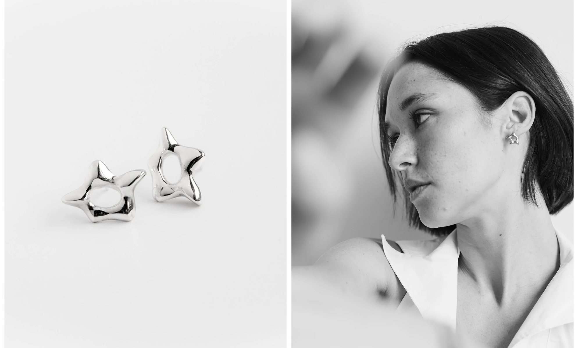 Spread: star earrings on white, and a profile wearing them