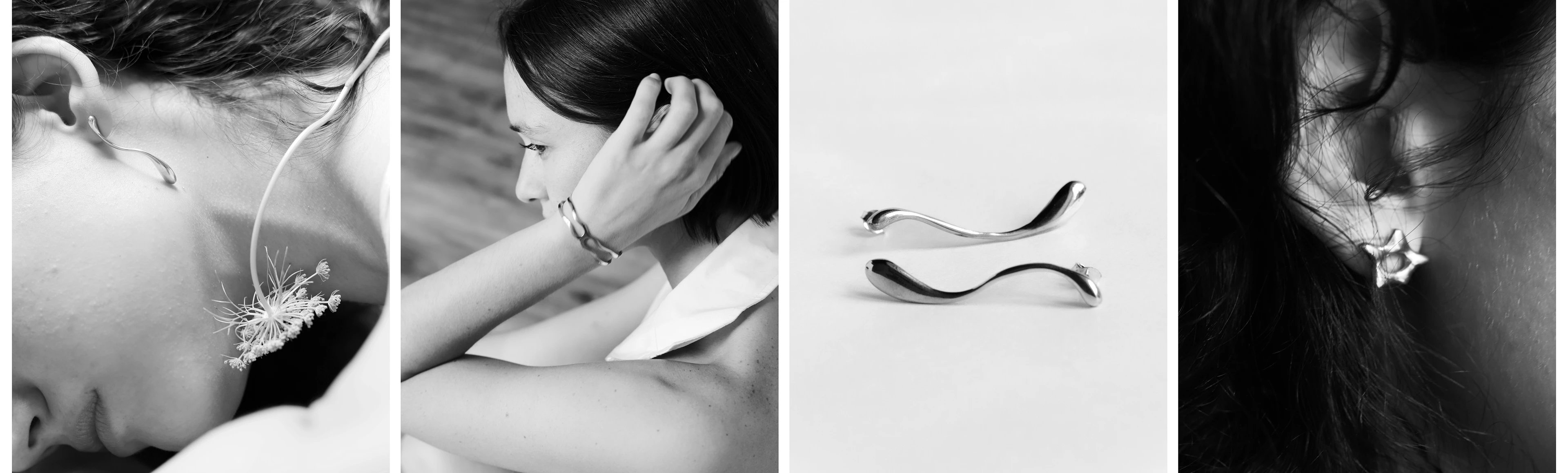 Four frames: wave earring, cuff, wave studs, star stud