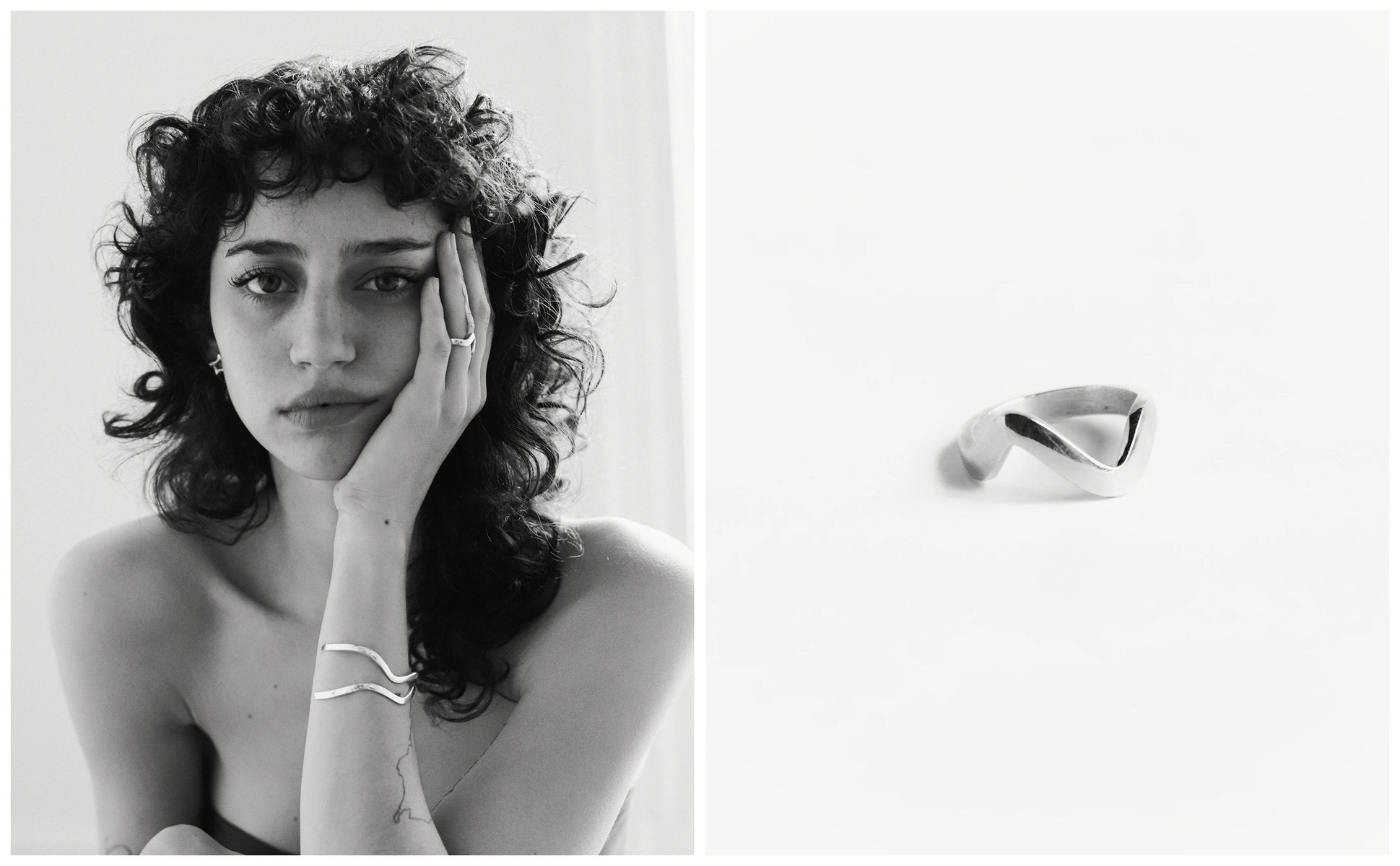 Spread: portrait with wave cuffs and ring, and the wave ring on white